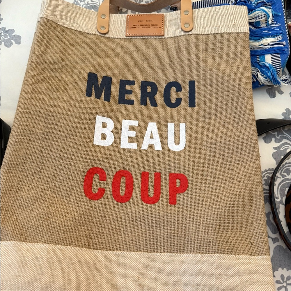 Apollo Tan and Red Merci Beau Coup Burlap Tote Bag